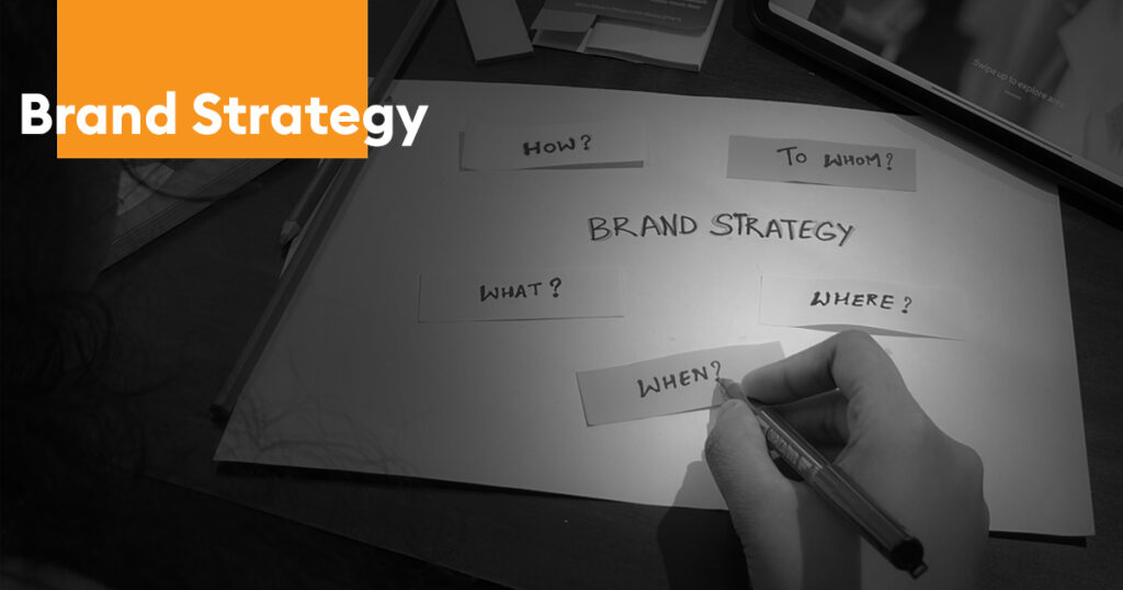 Brand strategy concept image showing a person writing on a planning sheet with questions like “How?”, “What?”, “Where?”, “When?”, and “To Whom?” surrounding the words “Brand Strategy.”