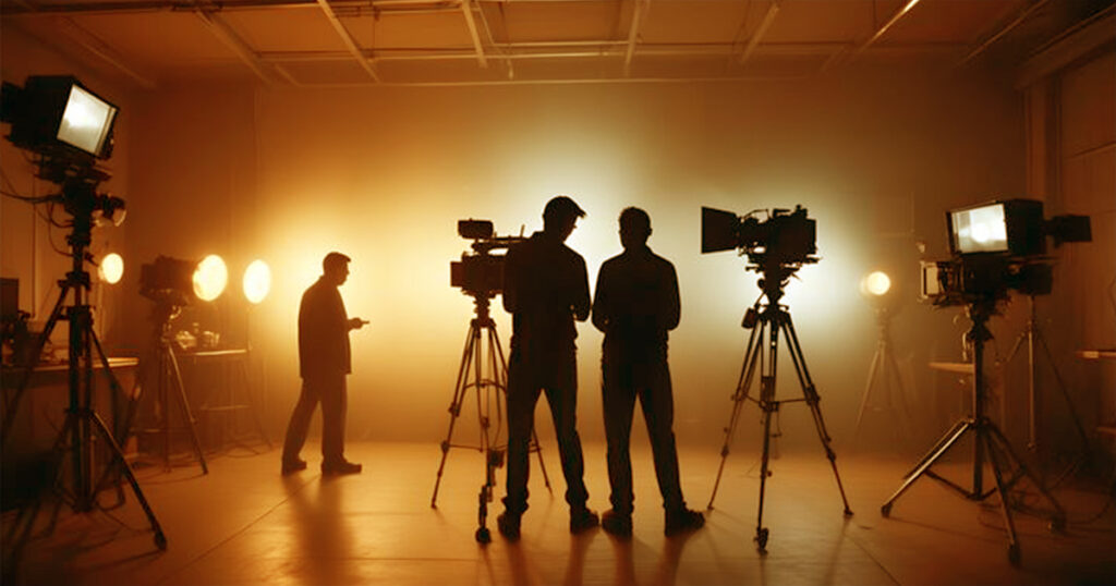 A professional video production studio with cameras, lighting equipment, and crew members preparing for a shoot, showcasing the production stage of the video creation process.