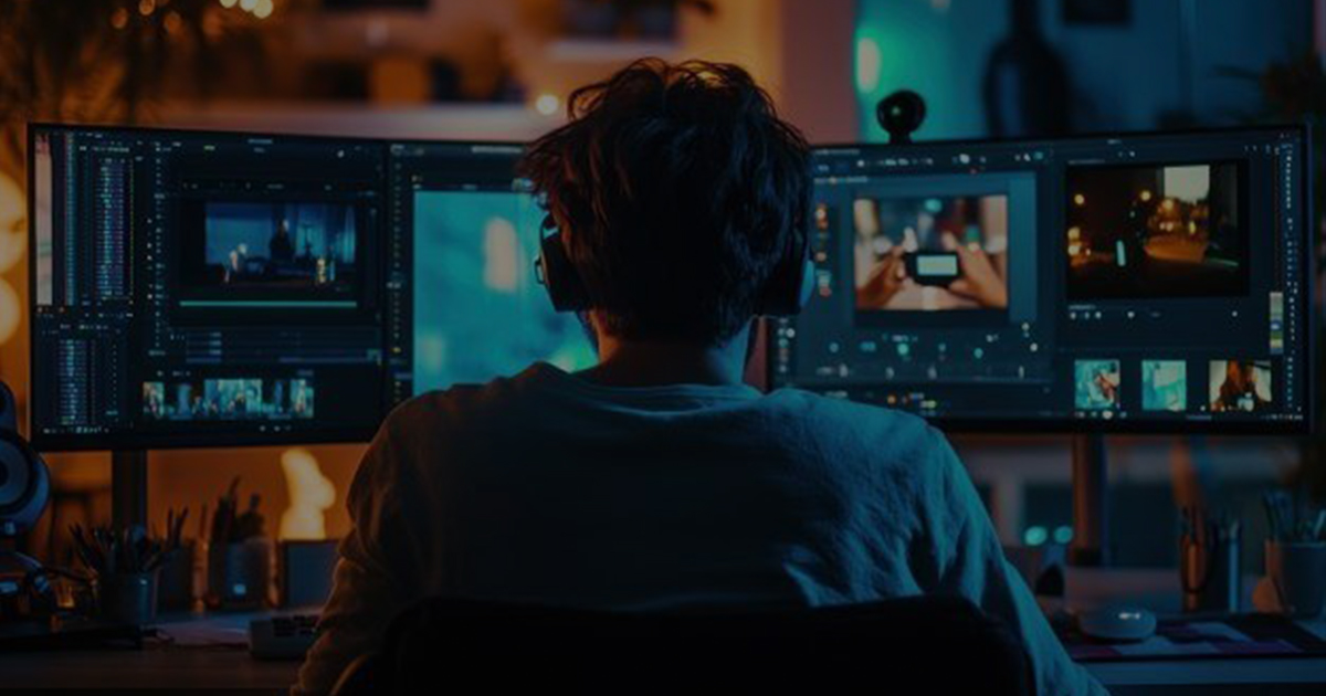 A video editor working at a multi-monitor workstation, reviewing footage and editing scenes using professional video editing software during the post-production process.