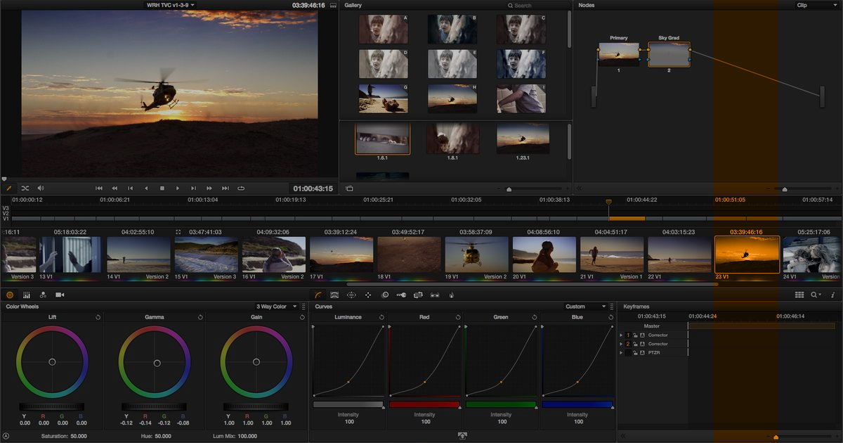 A professional color grading software interface displaying video footage, color wheels, curves, and editing controls used to enhance the visual quality of a film or video.