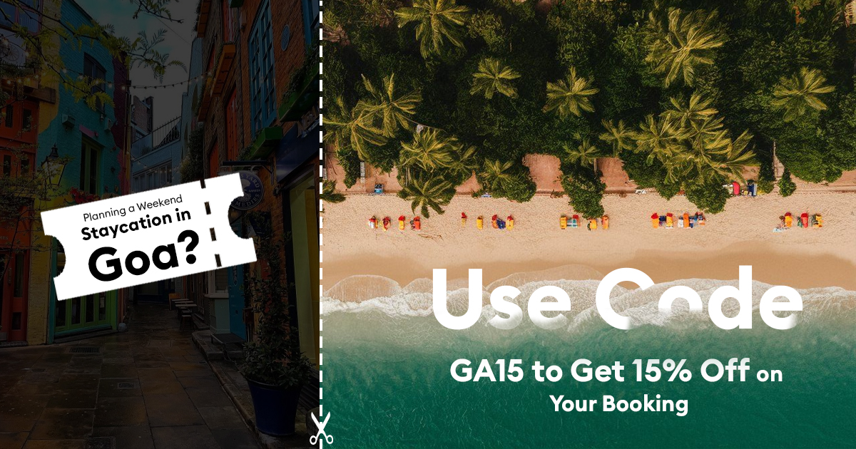 Promotional travel banner featuring a split-screen design with a colorful urban street on one side and an aerial tropical beach on the other, showcasing persuasive marketing copy and a discount offer. The image represents how strategic copywriting captures attention and drives customer action.