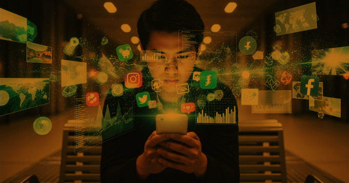 Person using a smartphone surrounded by floating social media icons, analytics dashboards, engagement metrics, and digital content elements, representing modern digital marketing and copywriting across online platforms.