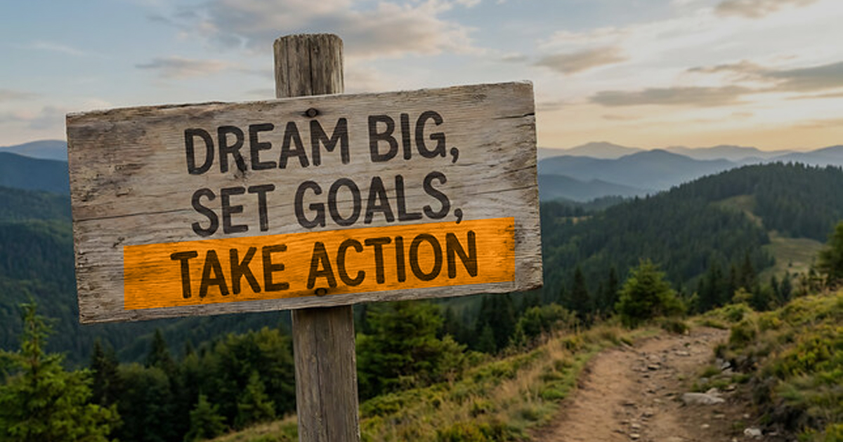 A wooden signboard along a mountain trail displays the motivational message “Dream Big, Set Goals, Take Action,” with the words “Take Action” highlighted. The image symbolizes the importance of clear and compelling calls-to-action in guiding audience behavior.