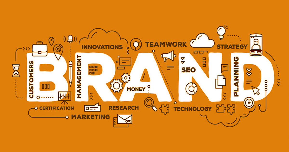 A creative illustration featuring the word “BRAND” in large white letters against an orange background, surrounded by icons and keywords such as marketing, SEO, strategy, teamwork, planning, technology, customers, and innovation. The graphic represents the role of branding, communication, and copywriting in shaping a company's identity and driving audience engagement.