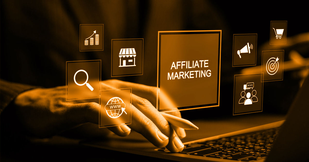 High-ticket affiliate marketing concept with digital icons, affiliate marketing text, and hands using a laptop.