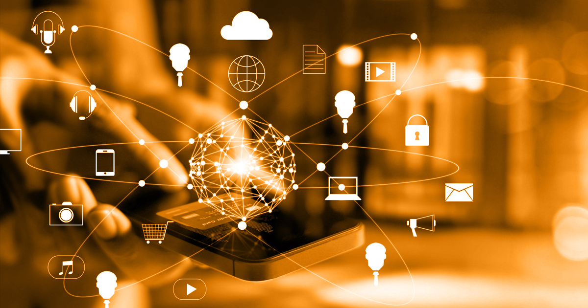 Digital affiliate marketing network concept with a smartphone, connected icons, and online commerce symbols.