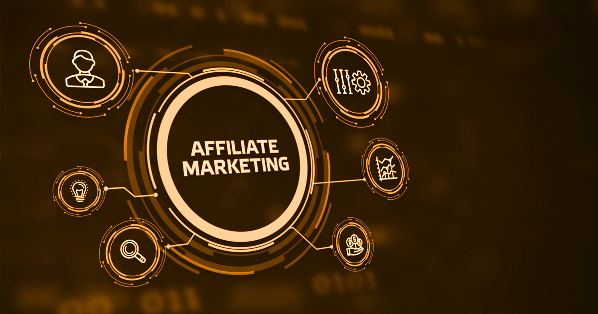 Affiliate marketing concept graphic with connected icons for customer, tools, search, ideas, analytics, and earnings.