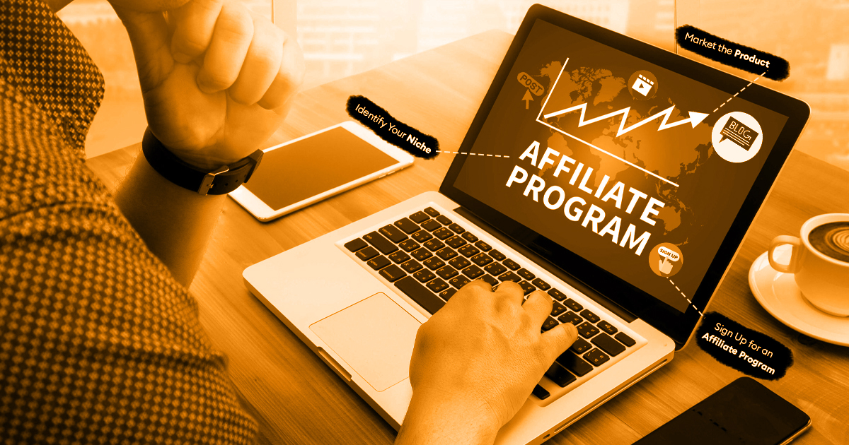 Person using a laptop showing an affiliate program with steps like identify niche, sign up, and market the product.