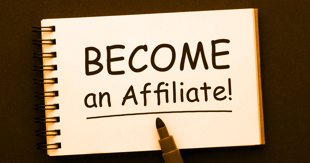 Notebook page with the words “Become an Affiliate!” written in bold black marker, placed beside a marker pen.