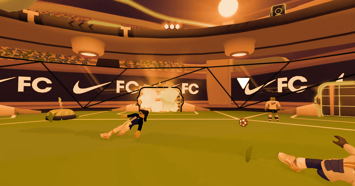 Image showing metaverse platform Nikeland, where animated characters wearing Nike shoes playing football.