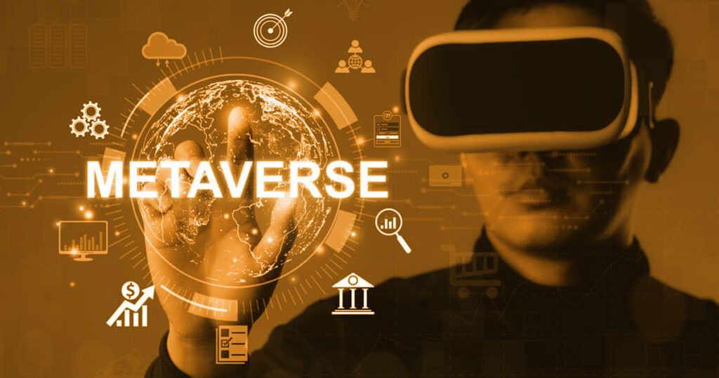 Person wearing a VR headset interacting with a virtual metaverse interface representing metaverse marketing and immersive brand experiences.