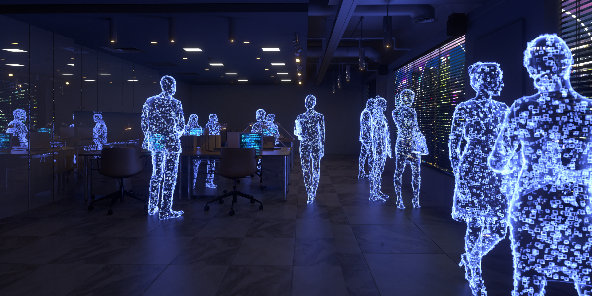 Metaverse marketing showcasing holographic digital avatars interacting in a virtual office environment representing immersive digital experiences.
