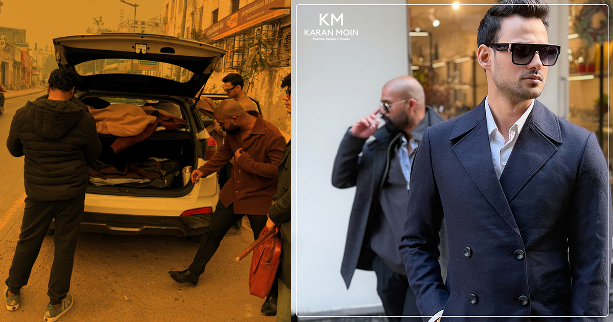 Image split in two parts first part showing pre-shoot preparations and second part showing a proper model Shot image of two men.