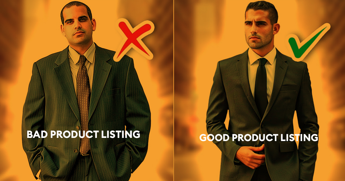 Split image showing two men in suits one on left with text overlay written "Bad product Listing" and one on right sight with text overlay "Good Product Listing".